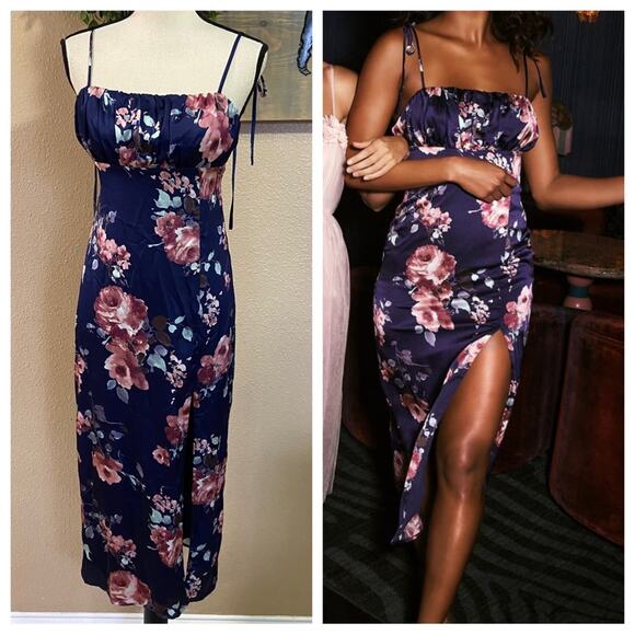 NWOT Lulus Fleur-ty Behavior Navy Blue Floral Satin Tie-Strap Midi Dress - Picture 1 of 11